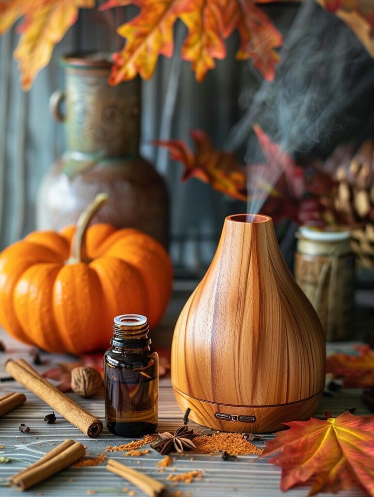 essential oil with fall diffuser recipe items surrouding the diffuser