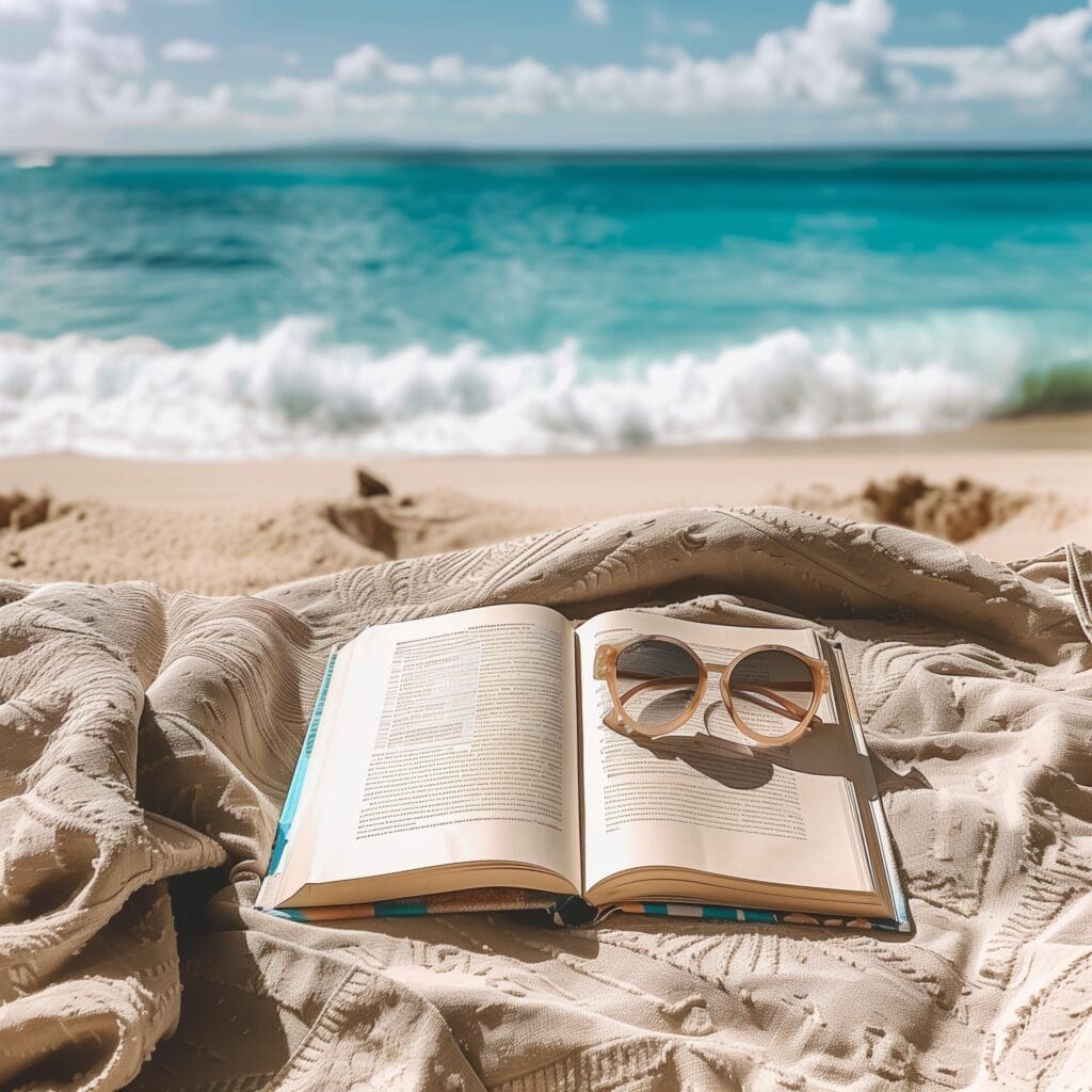 Open book on beach blanket with sunglasses perfect for a day at the beach
