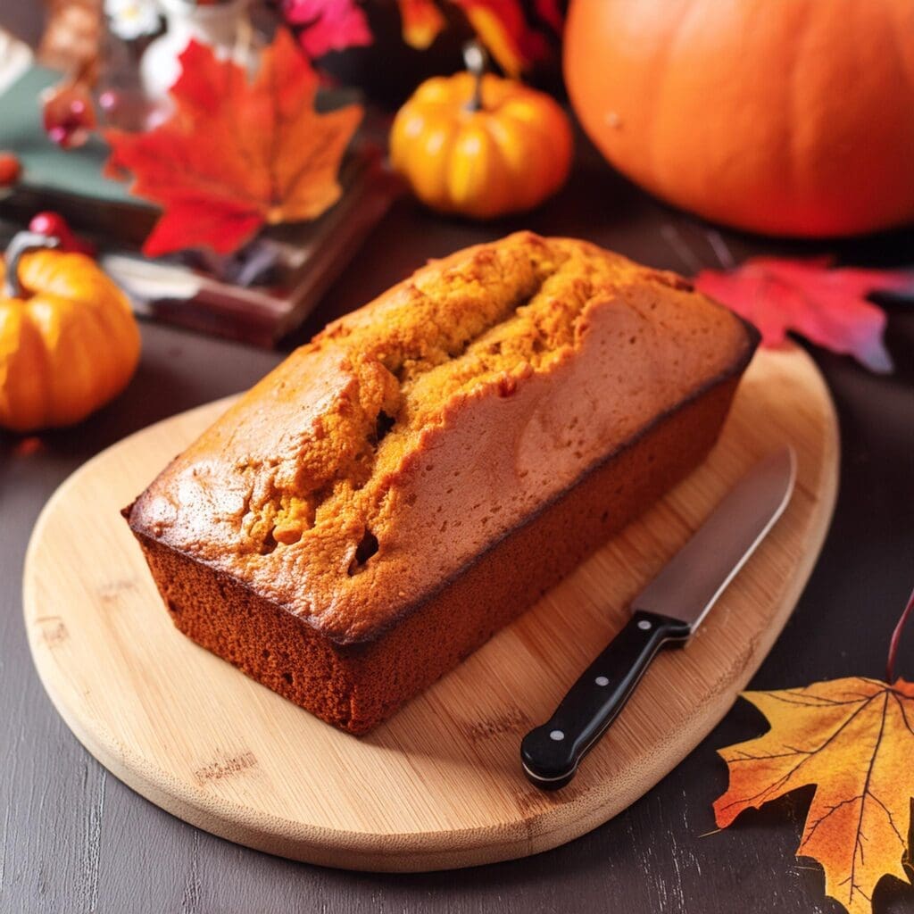 Pumpkin Bread Recipe Fresh Out of the Oven Sitting on a Wooden Platter Surrounded by Fall Decor