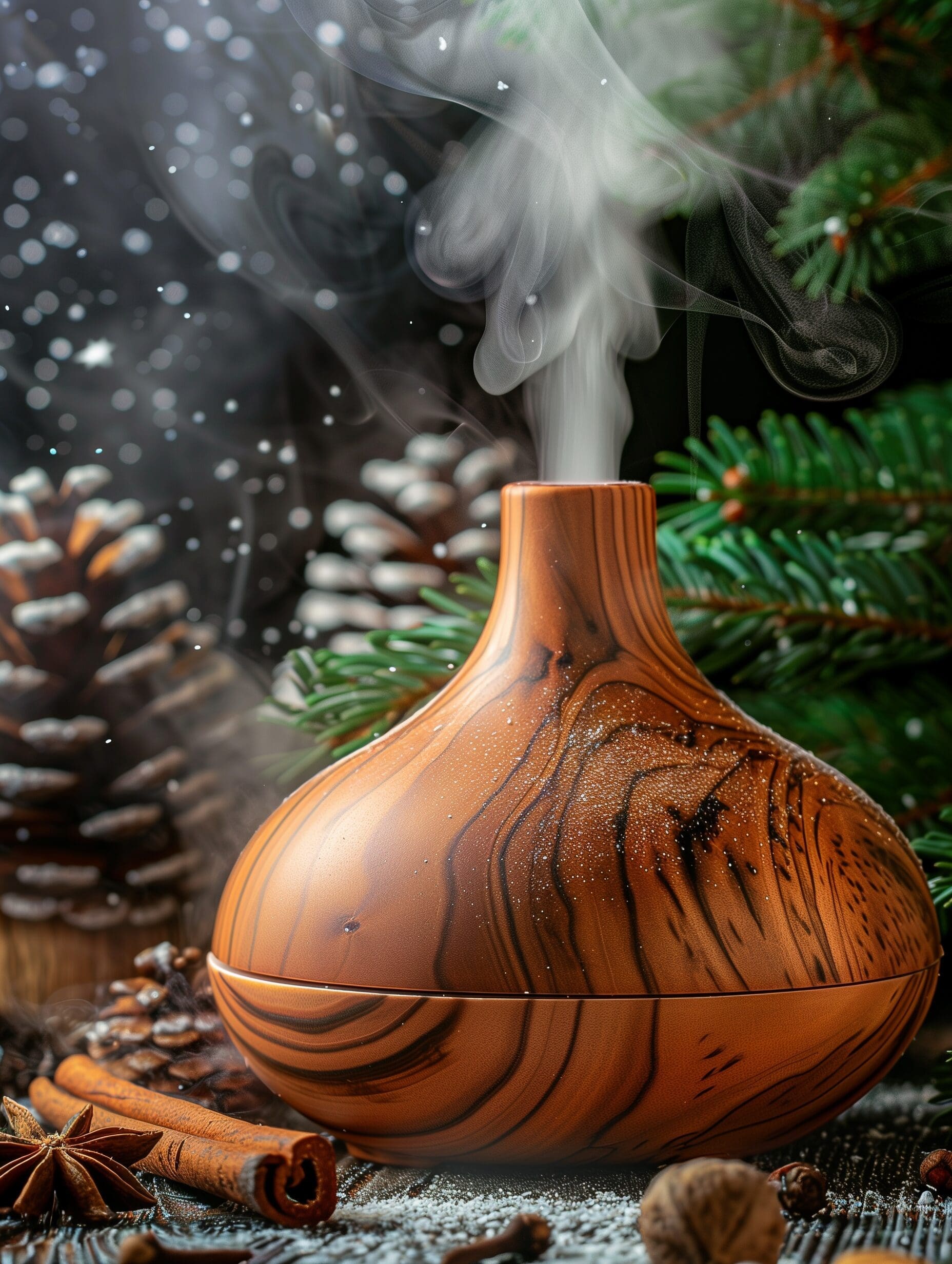 warm and comfy winter diffuser blend showing an electronic diffuser surrounded by pine boughs, pine cones, and cinnamon sticks