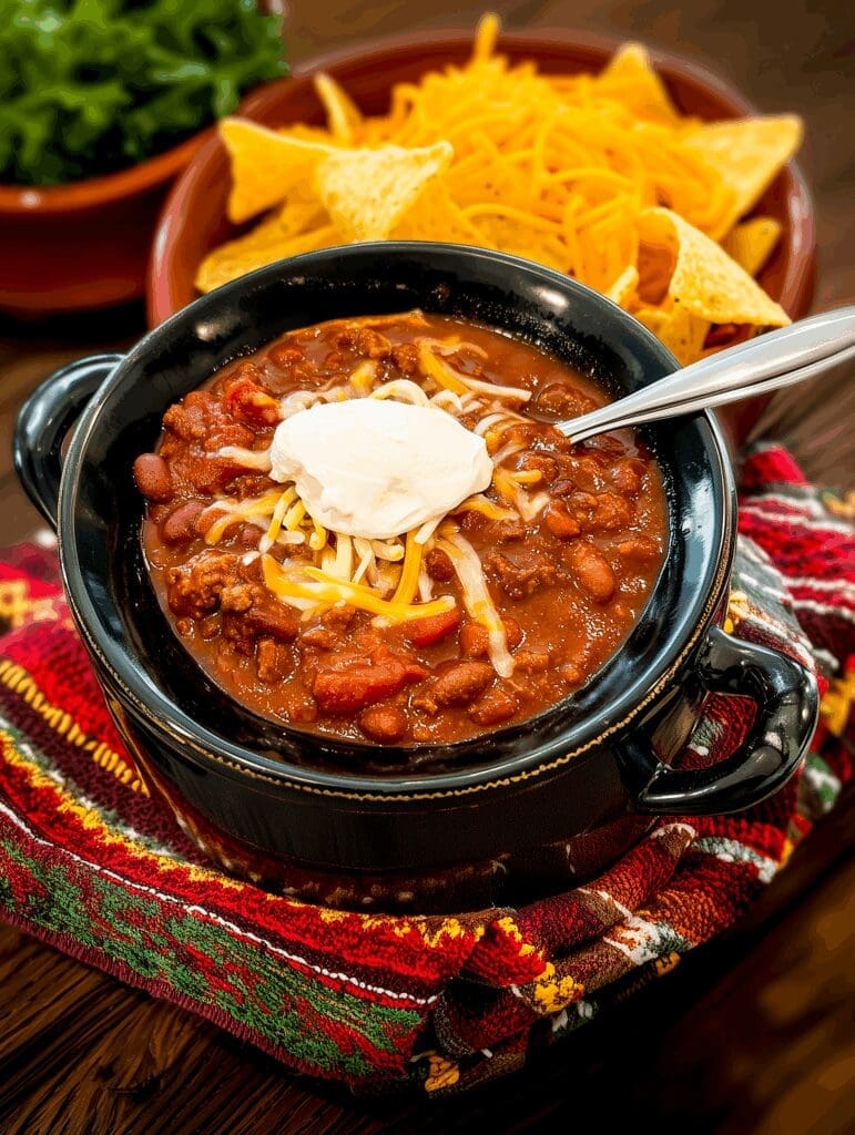 Easy chili recipe served in a black bowl, topped with shredded cheese and sour cream, with a side of tortilla chips and shredded cheddar cheese in the background—perfect for a cozy dinner or game day meal.